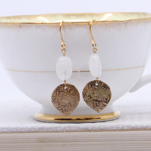 Isabella earrings (Birds on branches in bronze with moonstones)