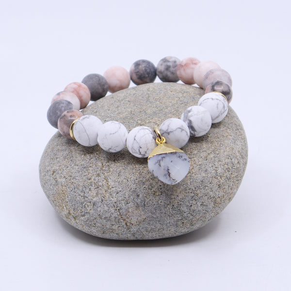Gemstone Bracelet with Howlite, Pink Zebra, and Dendrite Opal Charm