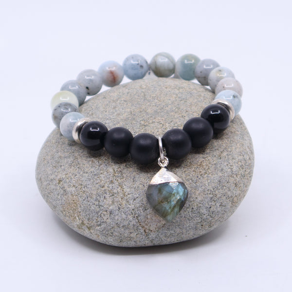 Gemstone Bracelet with Aquamarine, Obsidian, and Labradorite Charms