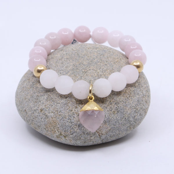 Gemstone Bracelet with Rose Quartz Charm, Rose Beads, Gold-Filled