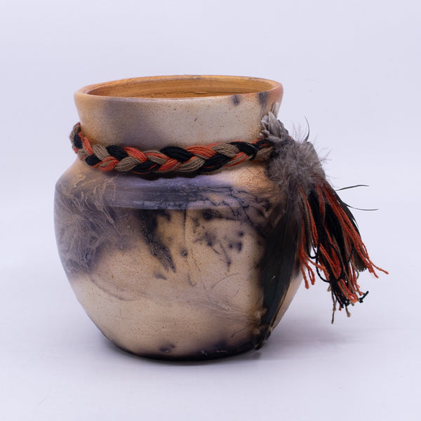 Raku Vase with Feather Embellishments