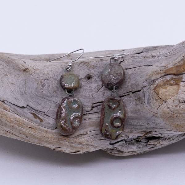 Clay Two-Pendant Earrings (Garry Oak motif)