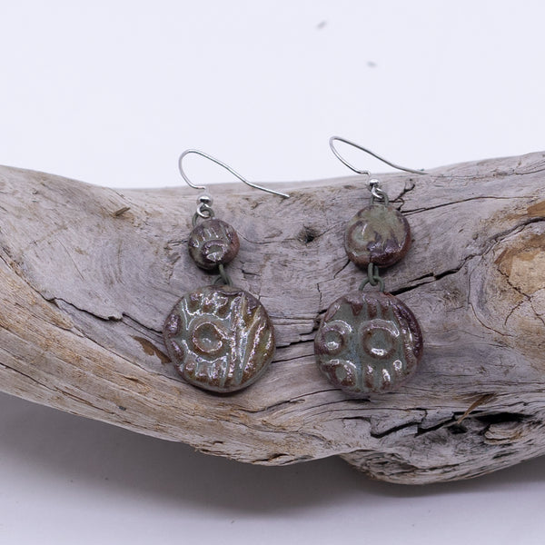 Clay Two-Pendant Earrings (Garry Oak motif)