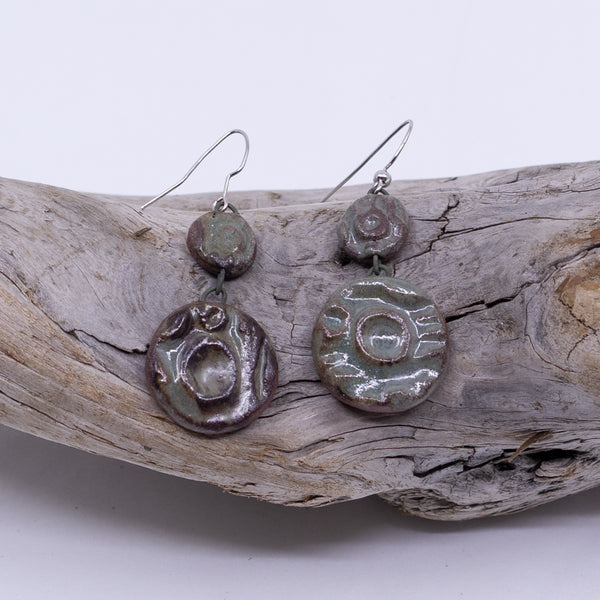 Clay Two-Pendant Earrings (Garry Oak motif)