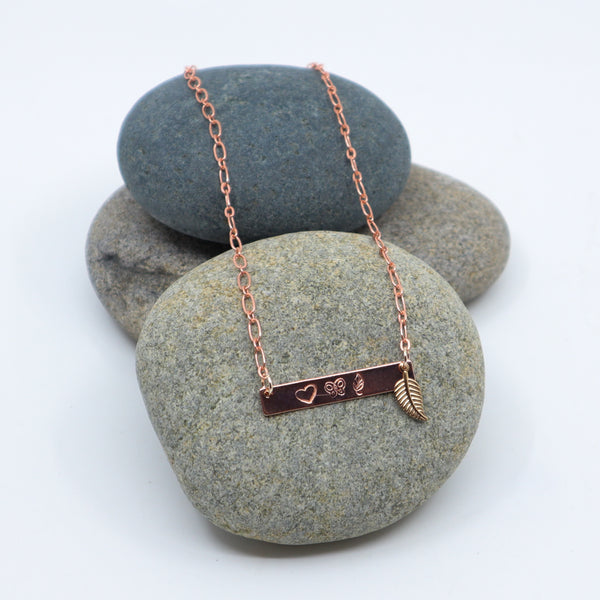 Rose Gold Stamped Necklace with Leaf Charm
