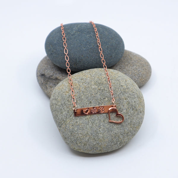 Rose Gold Stamped Necklace with Heart Charm
