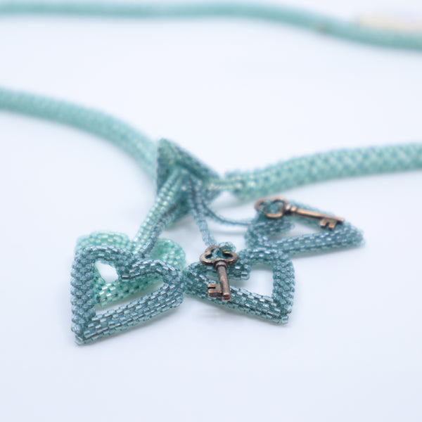 Soft Teal Lariat Necklace with Hearts & Keys